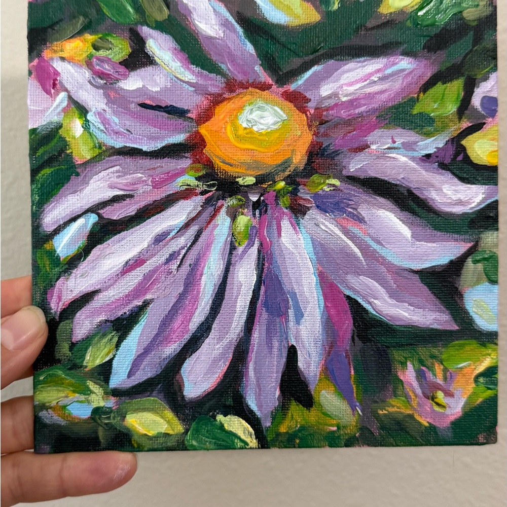 Original Floral Canvas Acrylic Painting with Purple and Yellow Accents